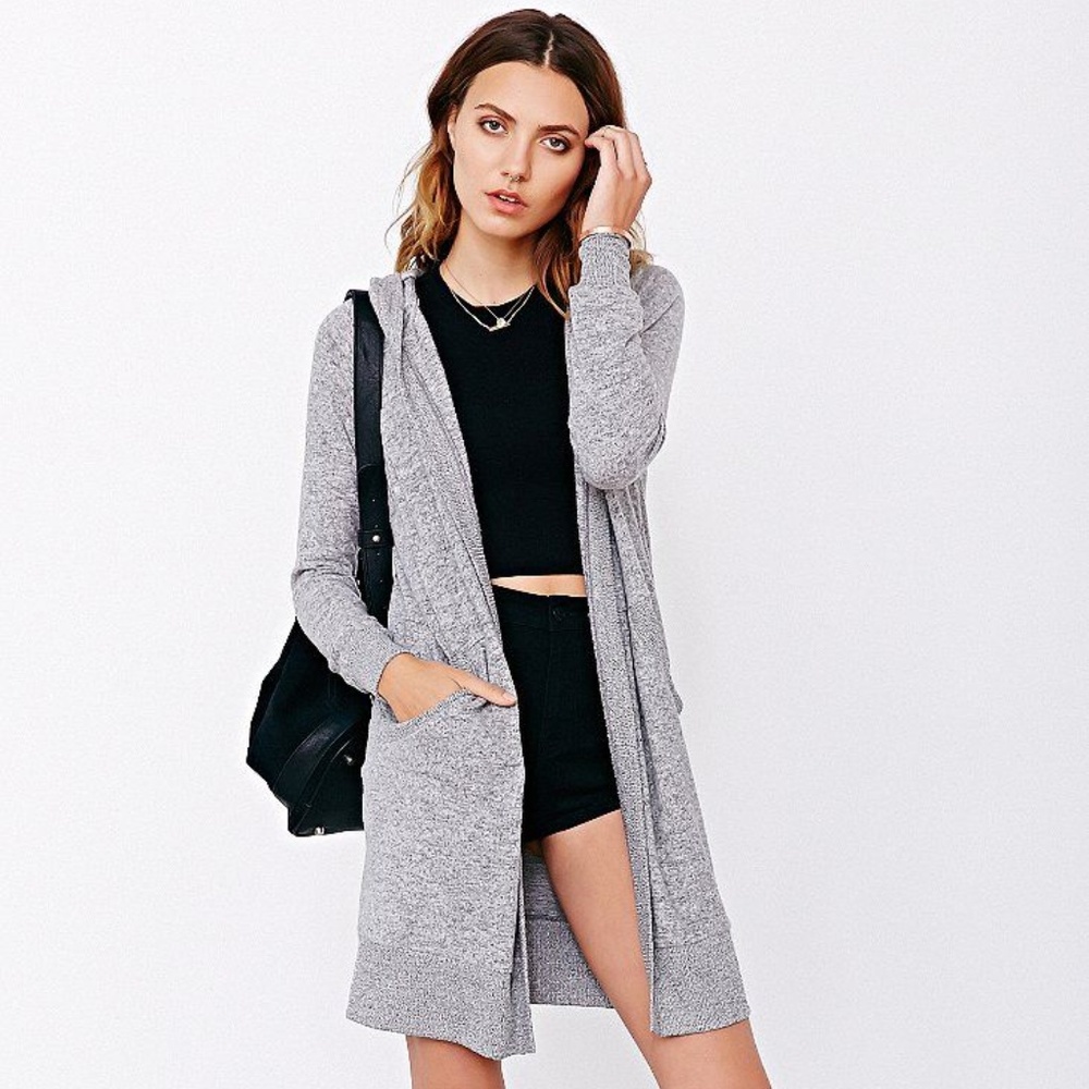 Silence + Noise Grey Hooded Maxi Cardigan